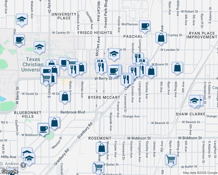 map of restaurants, bars, coffee shops, grocery stores, and more near 3140 Wayside Avenue in Fort Worth