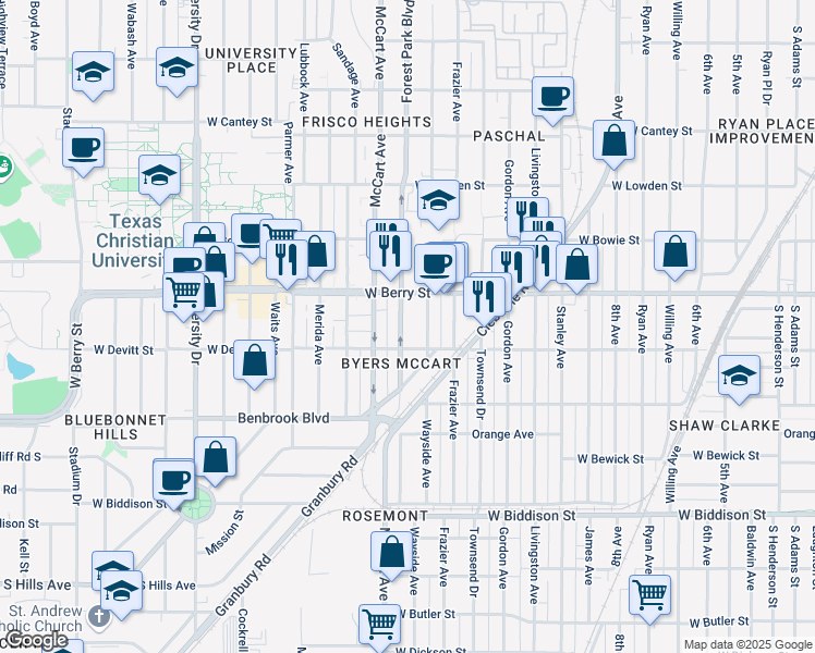 map of restaurants, bars, coffee shops, grocery stores, and more near 3140 Wayside Avenue in Fort Worth