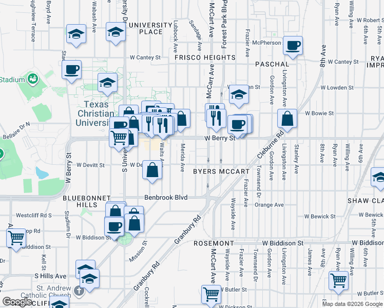 map of restaurants, bars, coffee shops, grocery stores, and more near 3140 Sandage Avenue in Fort Worth