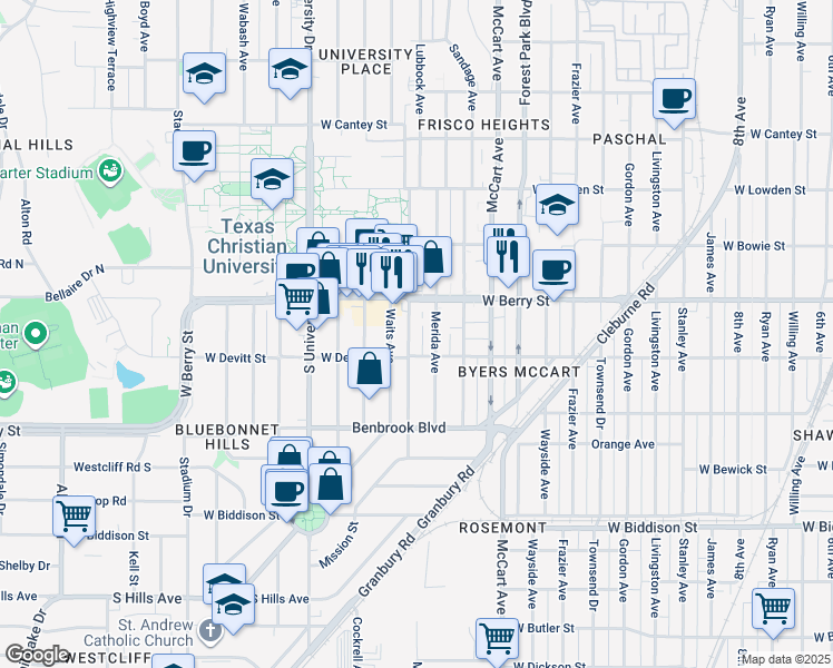 map of restaurants, bars, coffee shops, grocery stores, and more near 3140 Merida Avenue in Fort Worth