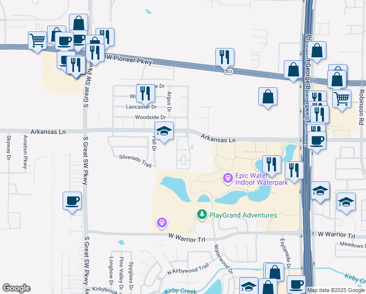 map of restaurants, bars, coffee shops, grocery stores, and more near 2255 Arkansas Lane in Grand Prairie