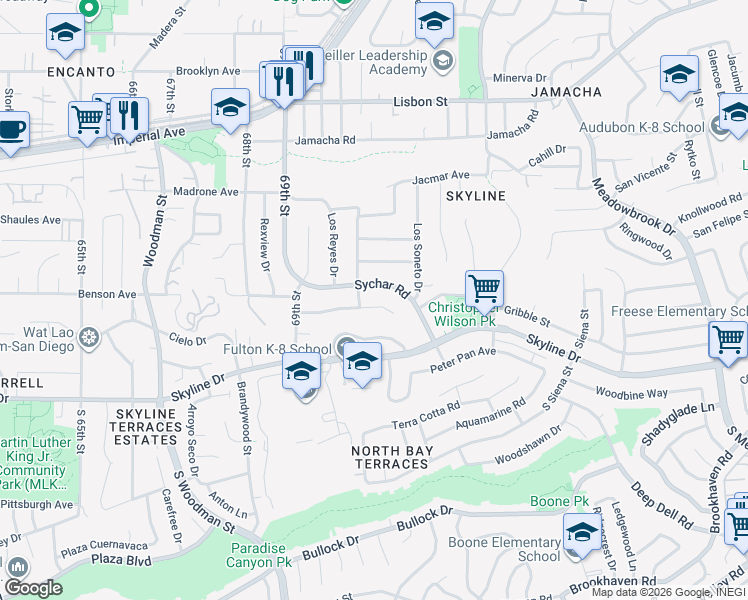map of restaurants, bars, coffee shops, grocery stores, and more near 7036 Benson Avenue in San Diego