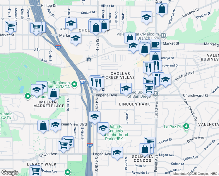 map of restaurants, bars, coffee shops, grocery stores, and more near 4792-94 Imperial Avenue in San Diego