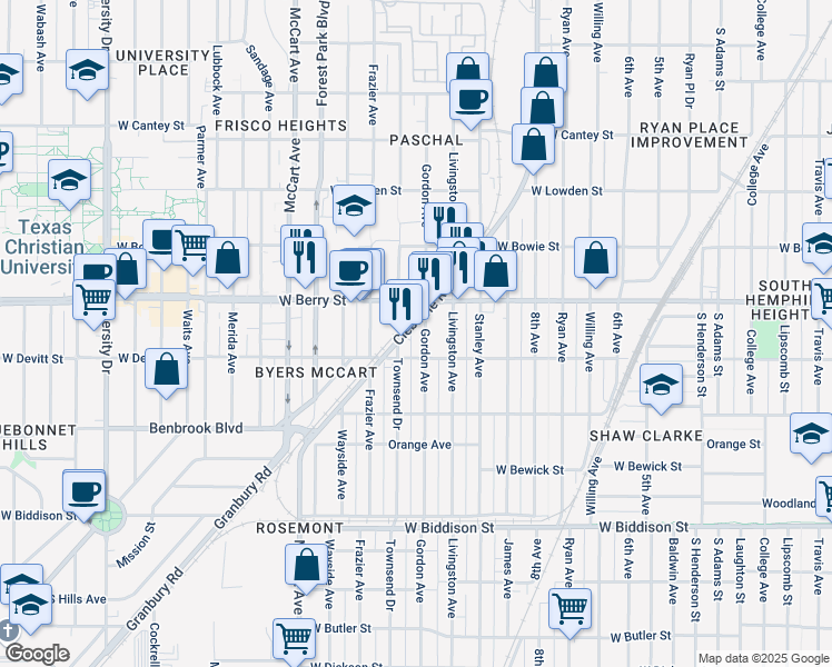 map of restaurants, bars, coffee shops, grocery stores, and more near 3138 Gordon Avenue in Fort Worth