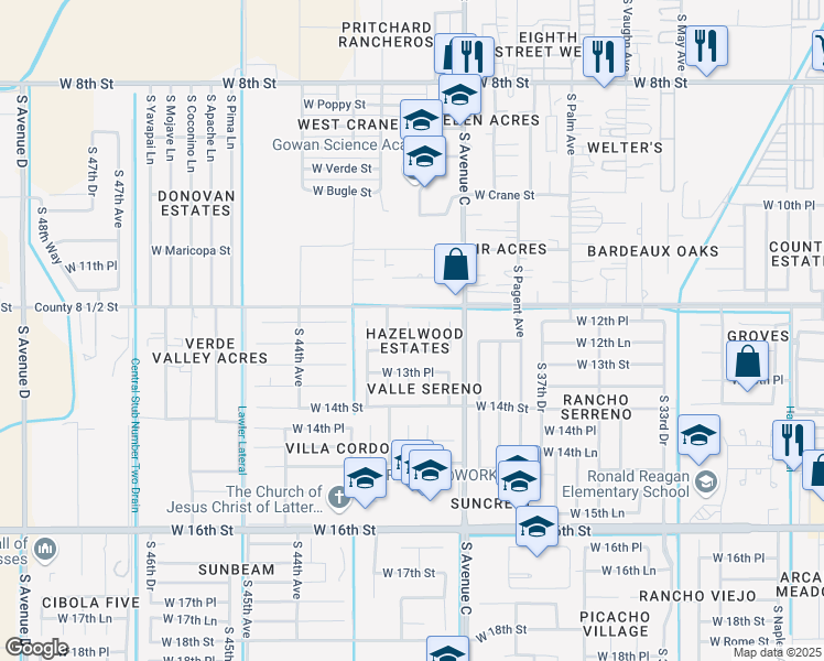 map of restaurants, bars, coffee shops, grocery stores, and more near 1235 South 41st Drive in Yuma