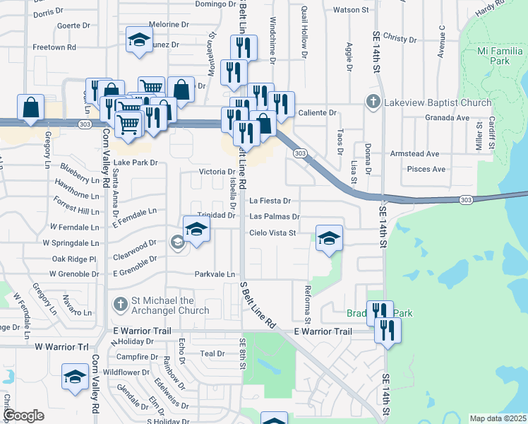 map of restaurants, bars, coffee shops, grocery stores, and more near 817 Las Palmas Drive in Grand Prairie