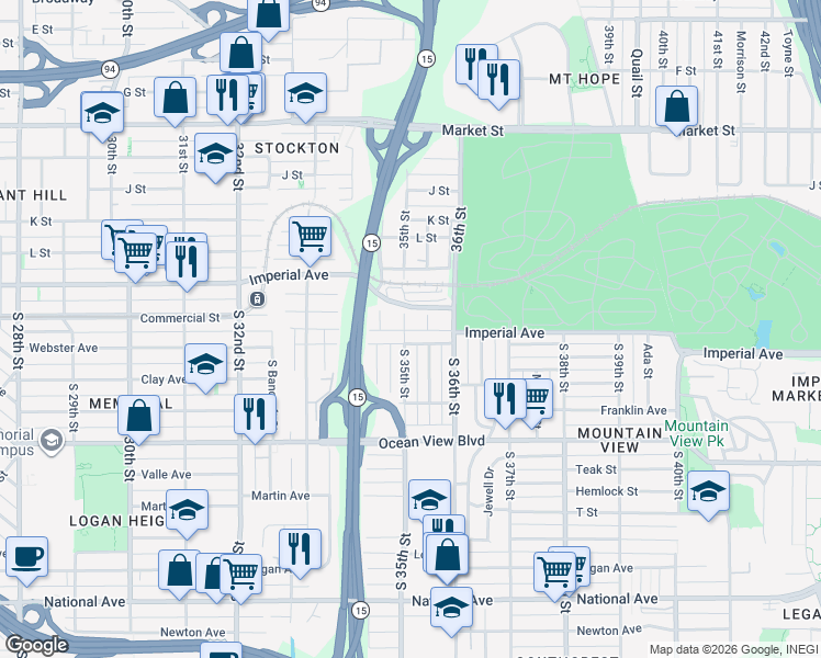 map of restaurants, bars, coffee shops, grocery stores, and more near 73 South 35th Street in San Diego