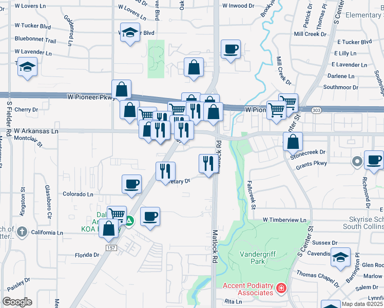 map of restaurants, bars, coffee shops, grocery stores, and more near 2416 Matlock Road in Arlington
