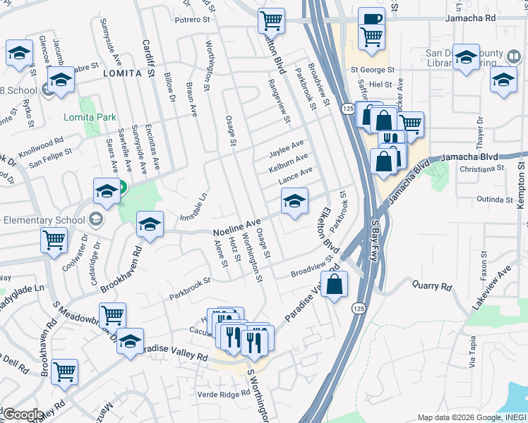 map of restaurants, bars, coffee shops, grocery stores, and more near 606 Carlsbad Street in Spring Valley