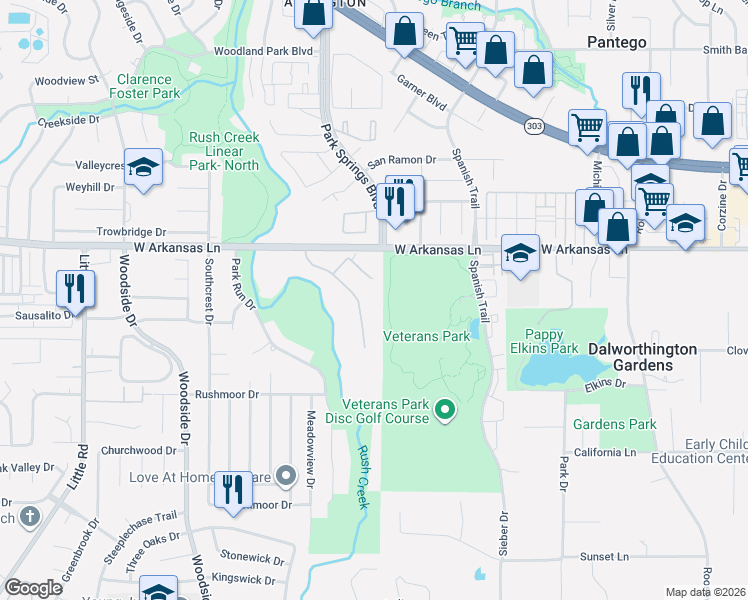 map of restaurants, bars, coffee shops, grocery stores, and more near 2329 Panorama Court in Arlington