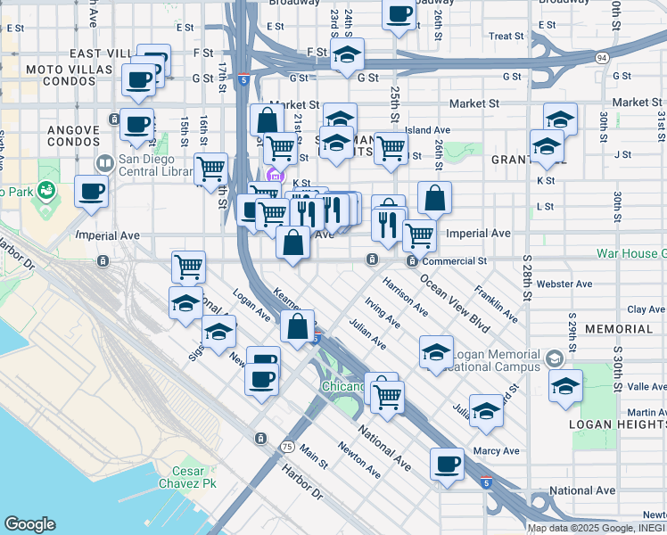 map of restaurants, bars, coffee shops, grocery stores, and more near 2225 Commercial Street in San Diego