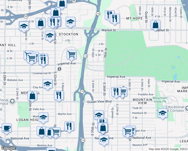 map of restaurants, bars, coffee shops, grocery stores, and more near 33 South 35th Street in San Diego