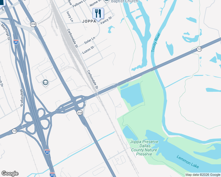 map of restaurants, bars, coffee shops, grocery stores, and more near 3460 South Loop 12 Service Road South in Dallas