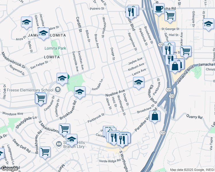 map of restaurants, bars, coffee shops, grocery stores, and more near 636 Brady Court in Spring Valley