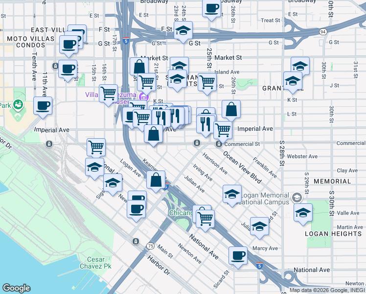 map of restaurants, bars, coffee shops, grocery stores, and more near 2325 Commercial Street in San Diego