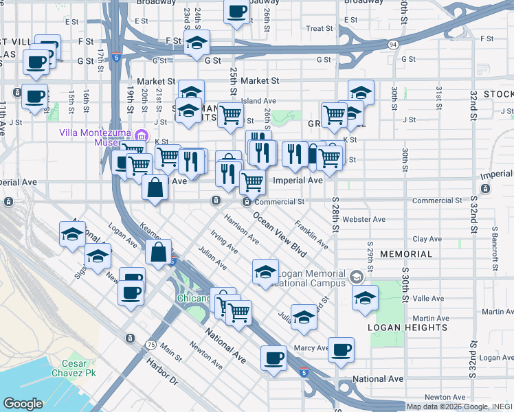 map of restaurants, bars, coffee shops, grocery stores, and more near 1967 Ocean View Boulevard in San Diego