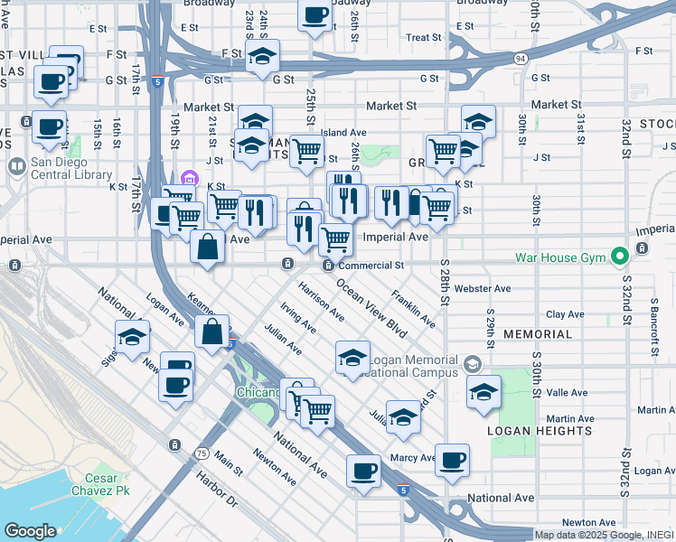 map of restaurants, bars, coffee shops, grocery stores, and more near Commercial Street in San Diego