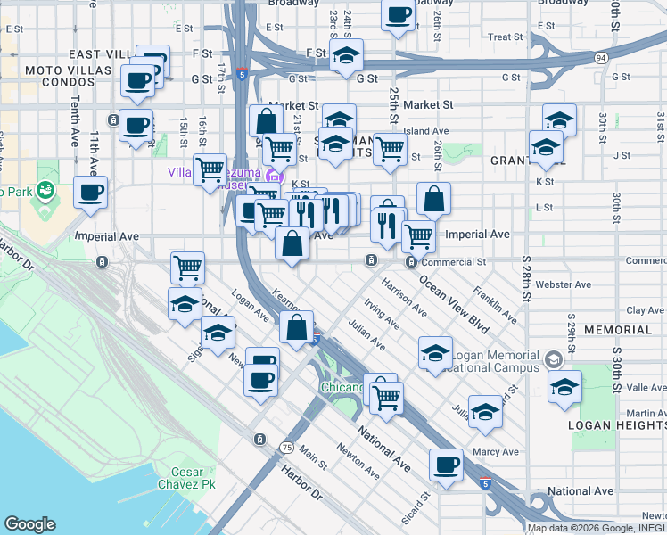map of restaurants, bars, coffee shops, grocery stores, and more near 1862 Irving Avenue in San Diego