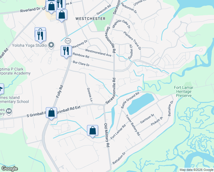map of restaurants, bars, coffee shops, grocery stores, and more near 1418 Pearl Channel Loop in Charleston