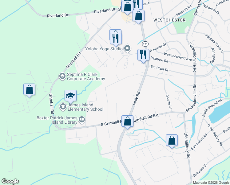 map of restaurants, bars, coffee shops, grocery stores, and more near 1566 Scott Hill Road in Charleston