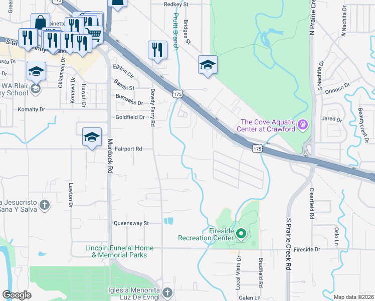 map of restaurants, bars, coffee shops, grocery stores, and more near 8354 Kingsfield Road in Dallas
