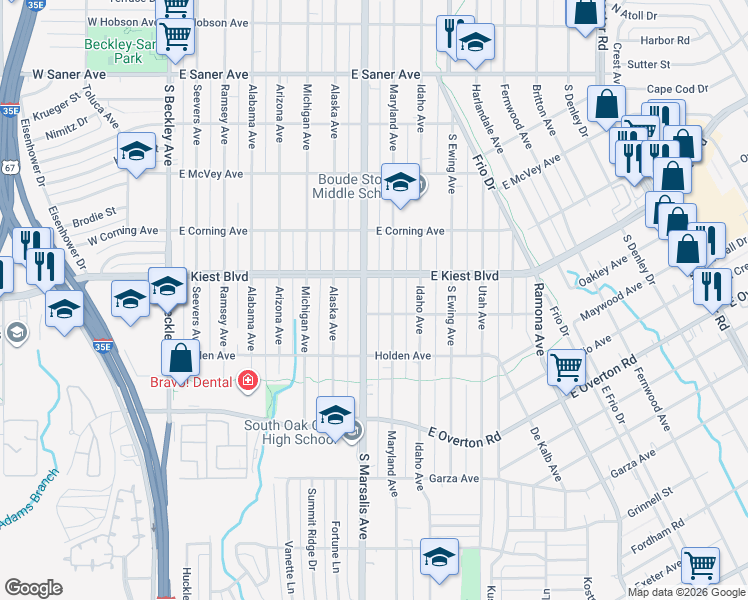 map of restaurants, bars, coffee shops, grocery stores, and more near 3302 South Marsalis Avenue in Dallas