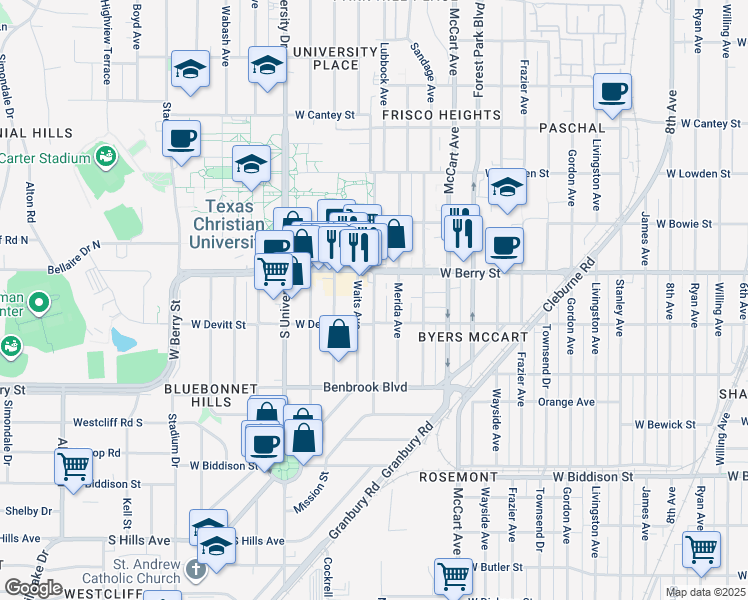 map of restaurants, bars, coffee shops, grocery stores, and more near 3140 Merida Avenue in Fort Worth