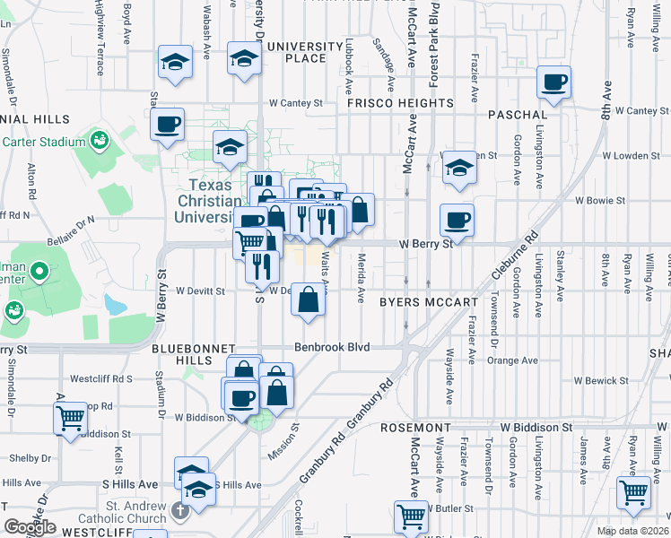 map of restaurants, bars, coffee shops, grocery stores, and more near 3140 Waits Avenue in Fort Worth