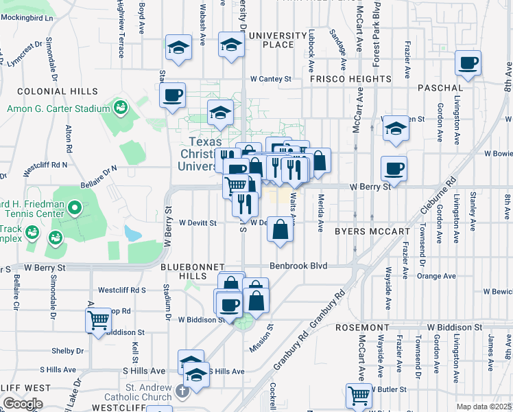 map of restaurants, bars, coffee shops, grocery stores, and more near 3141 Cockrell Avenue in Fort Worth