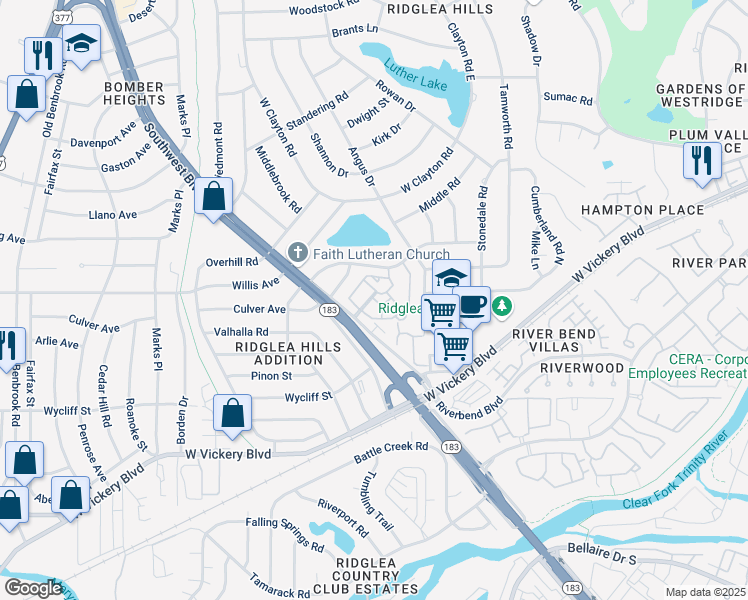 map of restaurants, bars, coffee shops, grocery stores, and more near 4900 Ridglea Hills Court in Fort Worth