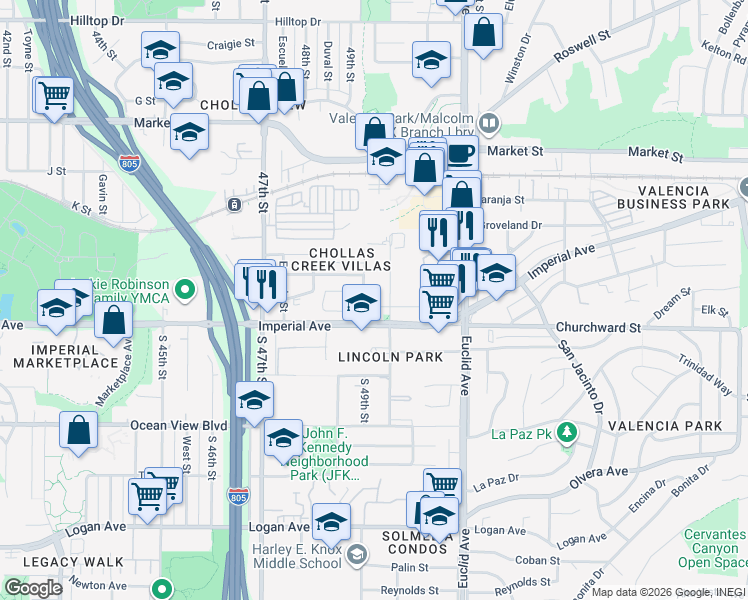 map of restaurants, bars, coffee shops, grocery stores, and more near 120 Willie James Jones Avenue in San Diego