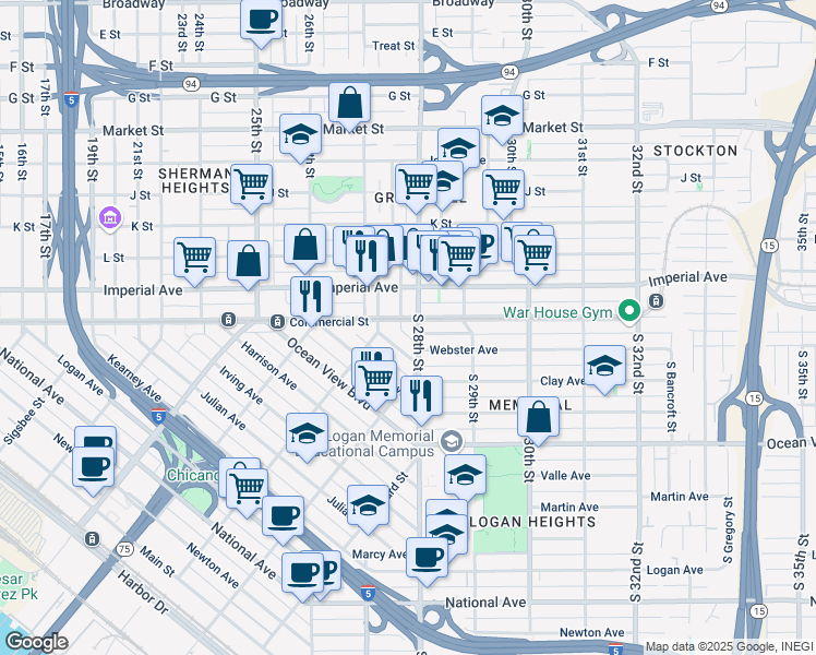 map of restaurants, bars, coffee shops, grocery stores, and more near 9 South Hensley Street in San Diego