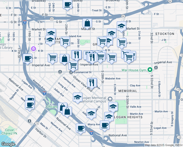 map of restaurants, bars, coffee shops, grocery stores, and more near 2076 Franklin Avenue in San Diego