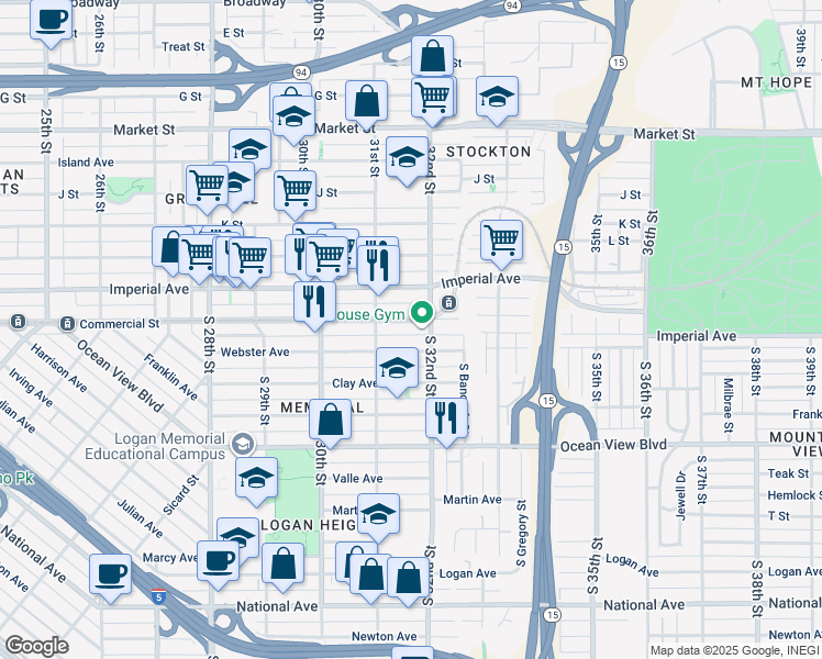 map of restaurants, bars, coffee shops, grocery stores, and more near 3164 Webster Avenue in San Diego