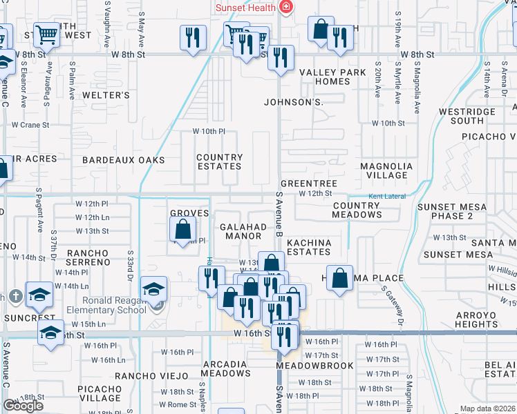 map of restaurants, bars, coffee shops, grocery stores, and more near 1334 South Avenue B in Yuma