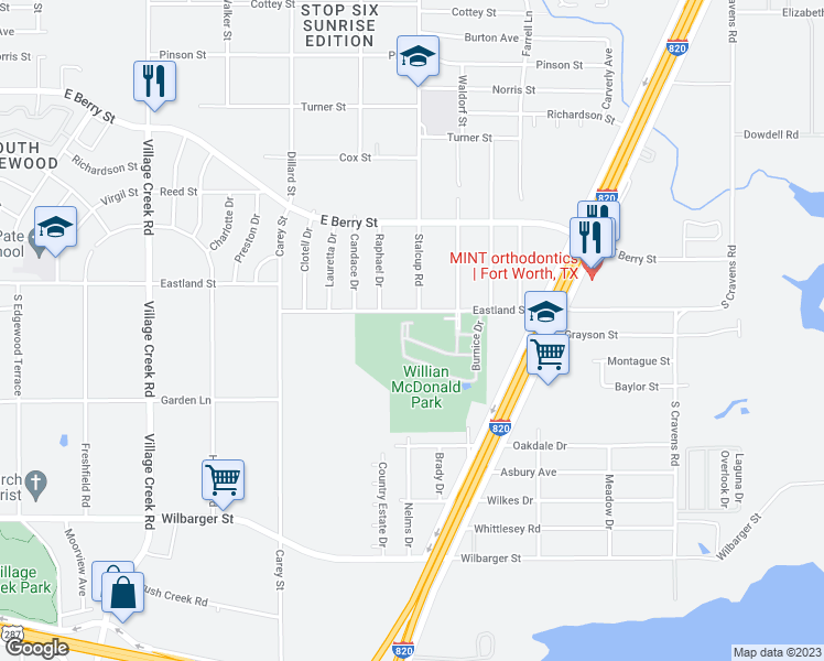 map of restaurants, bars, coffee shops, grocery stores, and more near 5509 Ariel Lane in Fort Worth