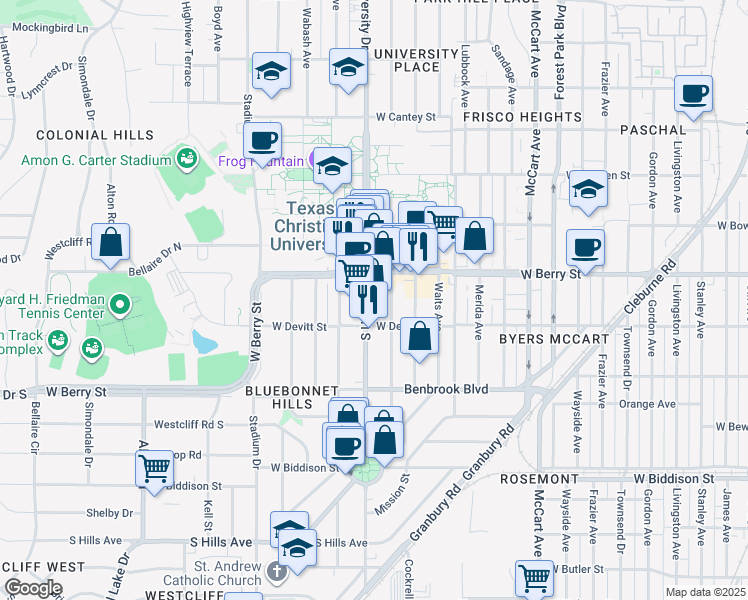map of restaurants, bars, coffee shops, grocery stores, and more near 3125 South University Drive in Fort Worth