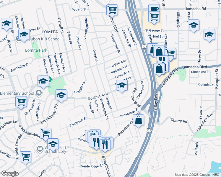 map of restaurants, bars, coffee shops, grocery stores, and more near 605 Osage Street in Spring Valley