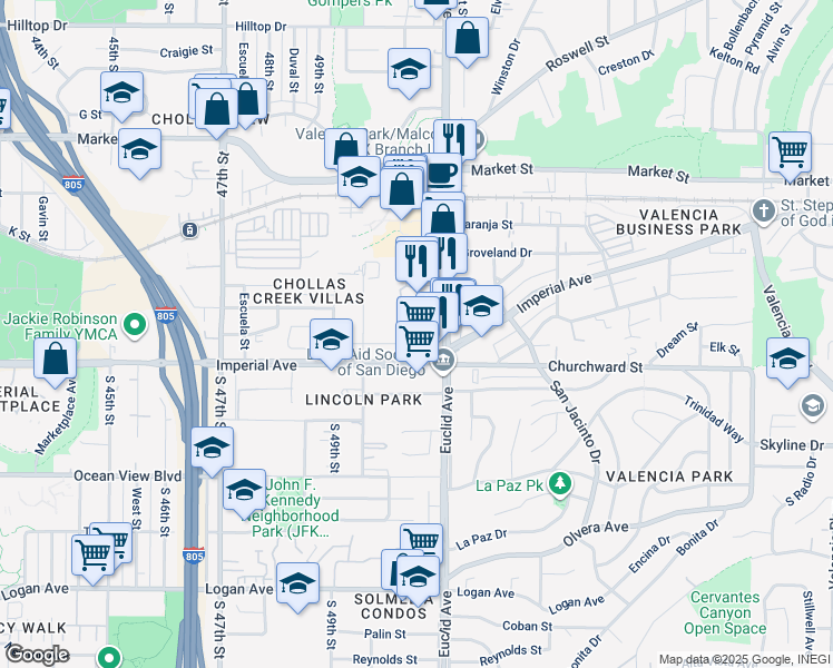 map of restaurants, bars, coffee shops, grocery stores, and more near 5044 Imperial Avenue in San Diego