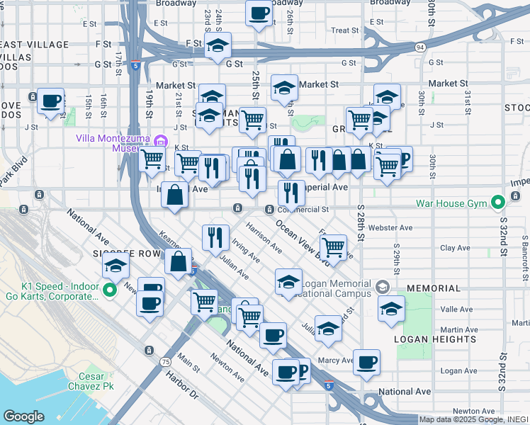 map of restaurants, bars, coffee shops, grocery stores, and more near 1967 Ocean View Boulevard in San Diego