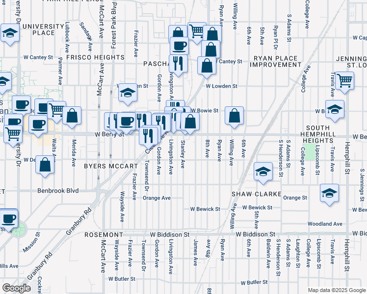 map of restaurants, bars, coffee shops, grocery stores, and more near 3145 Stanley Avenue in Fort Worth