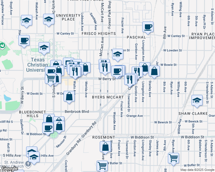 map of restaurants, bars, coffee shops, grocery stores, and more near 3141 McCart Avenue in Fort Worth