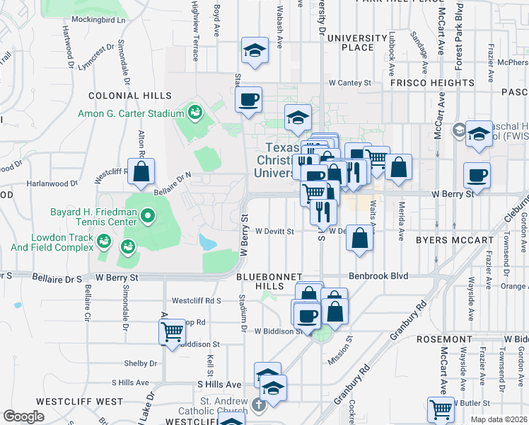 map of restaurants, bars, coffee shops, grocery stores, and more near in Fort Worth