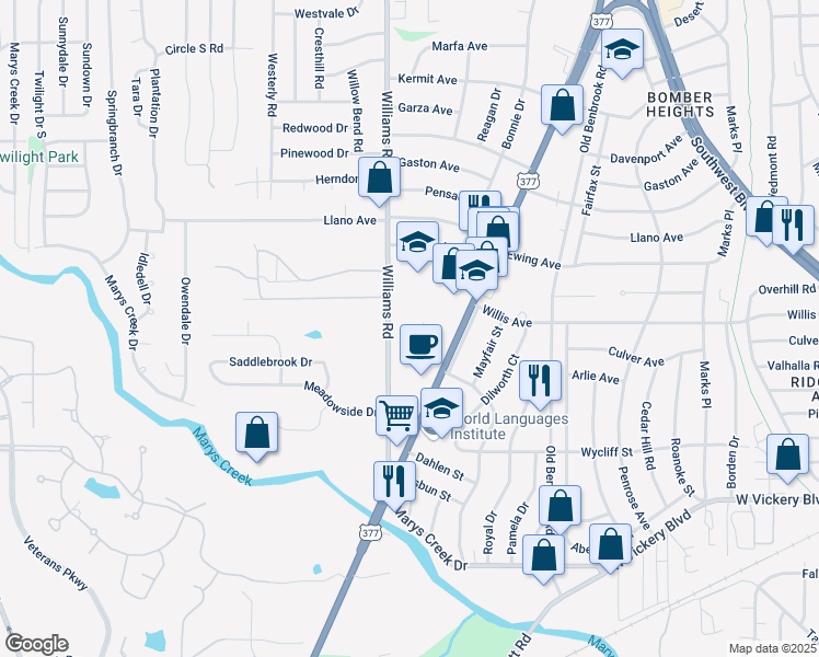map of restaurants, bars, coffee shops, grocery stores, and more near 4643 Williams Road in Benbrook