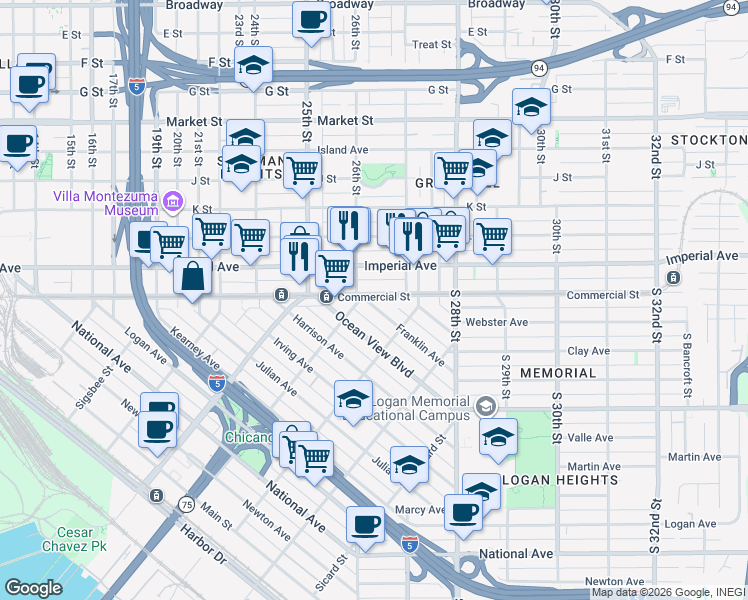 map of restaurants, bars, coffee shops, grocery stores, and more near 2024 Ocean View Boulevard in San Diego