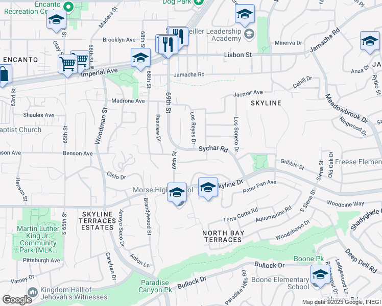 map of restaurants, bars, coffee shops, grocery stores, and more near 348 Sychar Road in San Diego