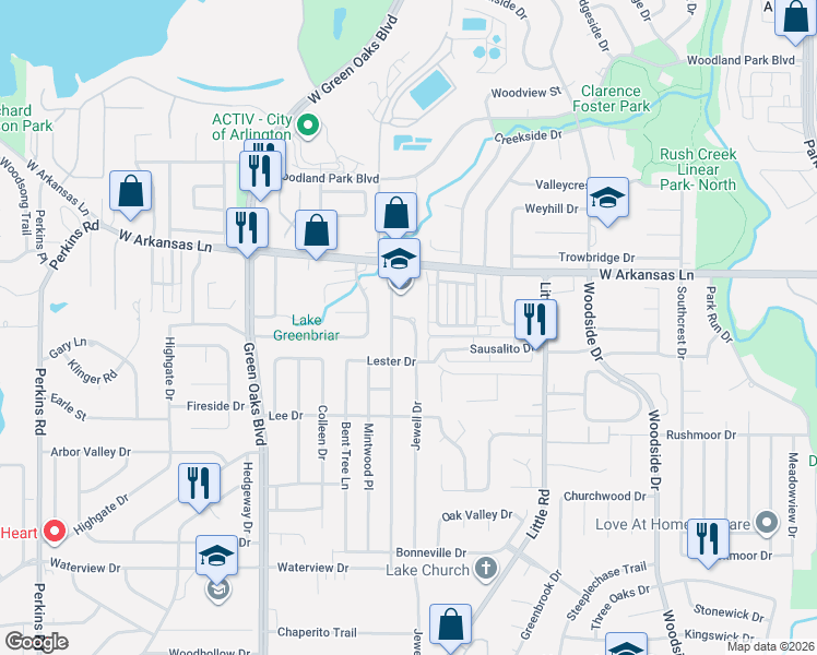 map of restaurants, bars, coffee shops, grocery stores, and more near 2409 Hilldale Boulevard in Arlington