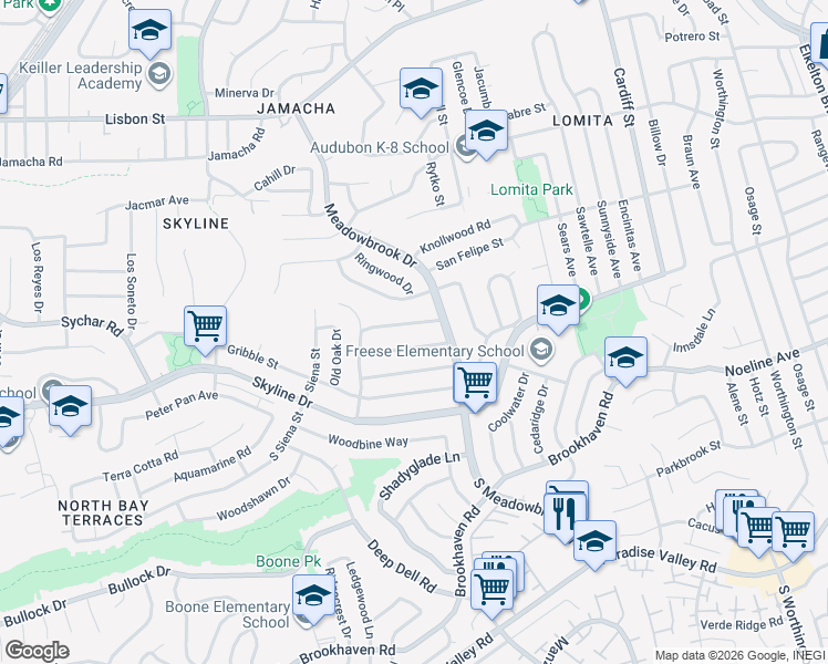 map of restaurants, bars, coffee shops, grocery stores, and more near 7829 Hunthaven Road in San Diego