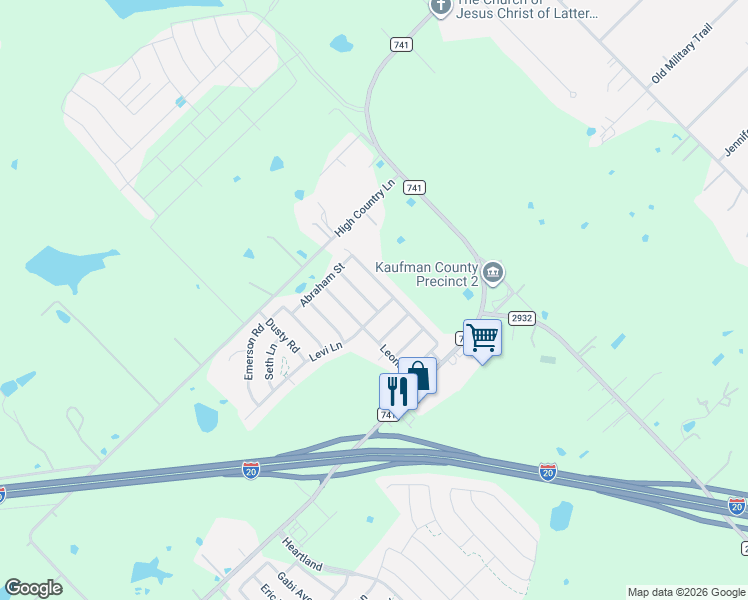 map of restaurants, bars, coffee shops, grocery stores, and more near 2410 Leona Street in Forney