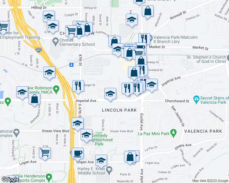map of restaurants, bars, coffee shops, grocery stores, and more near 204 Willie James Jones Avenue in San Diego